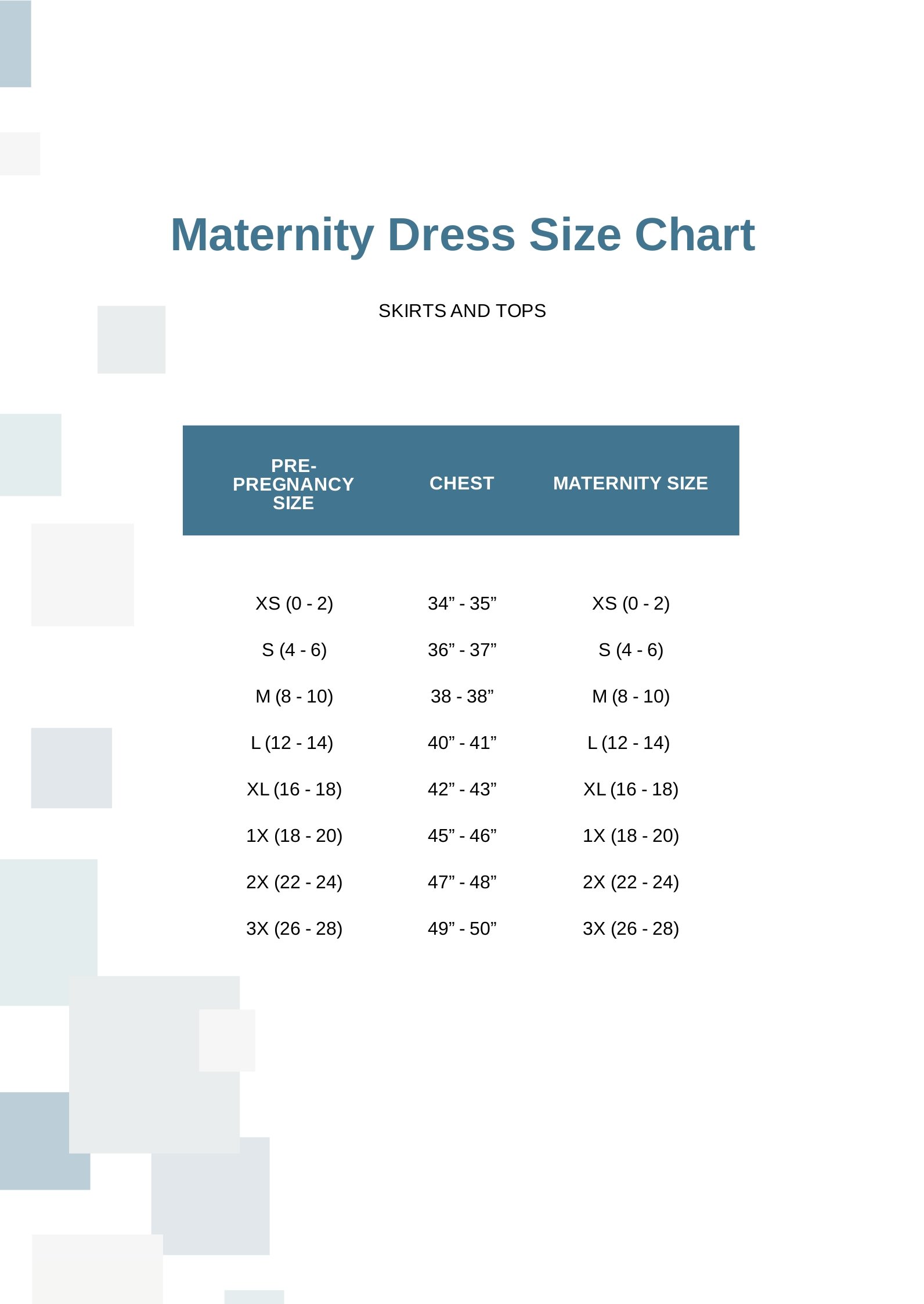 Free Maternity Dress Size Chart in PDF