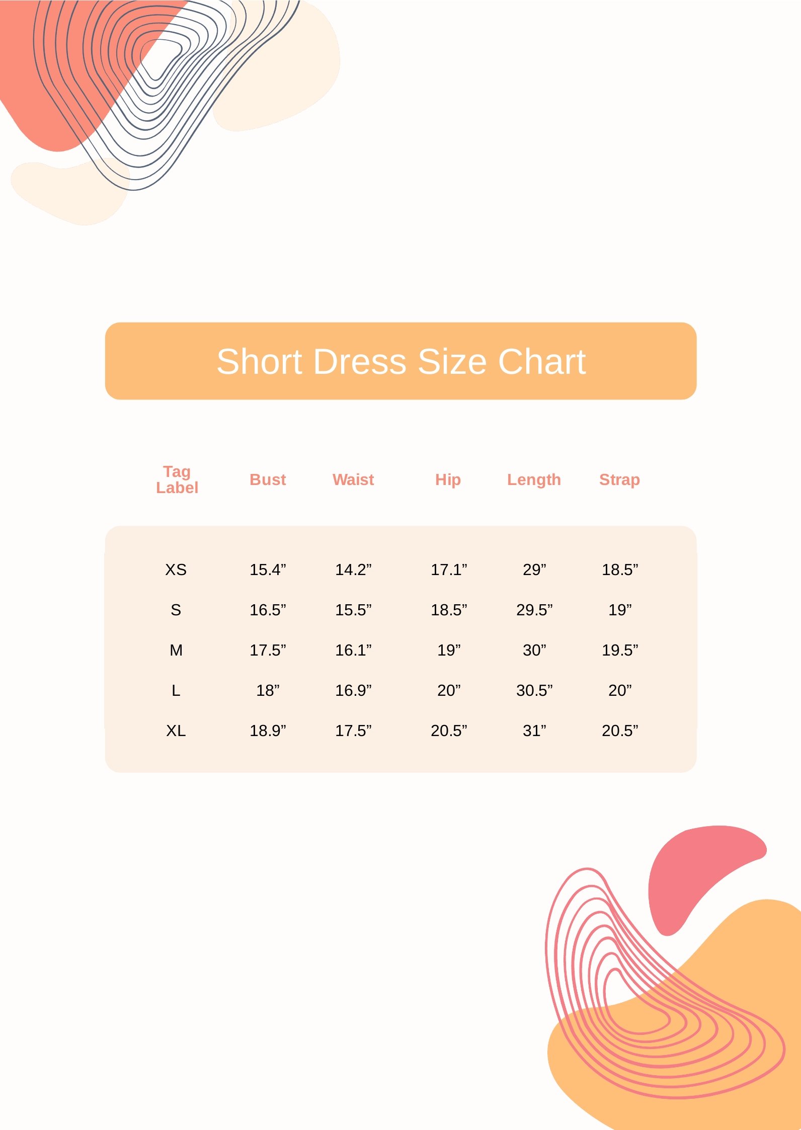 Short Dress Size Chart in PDF
