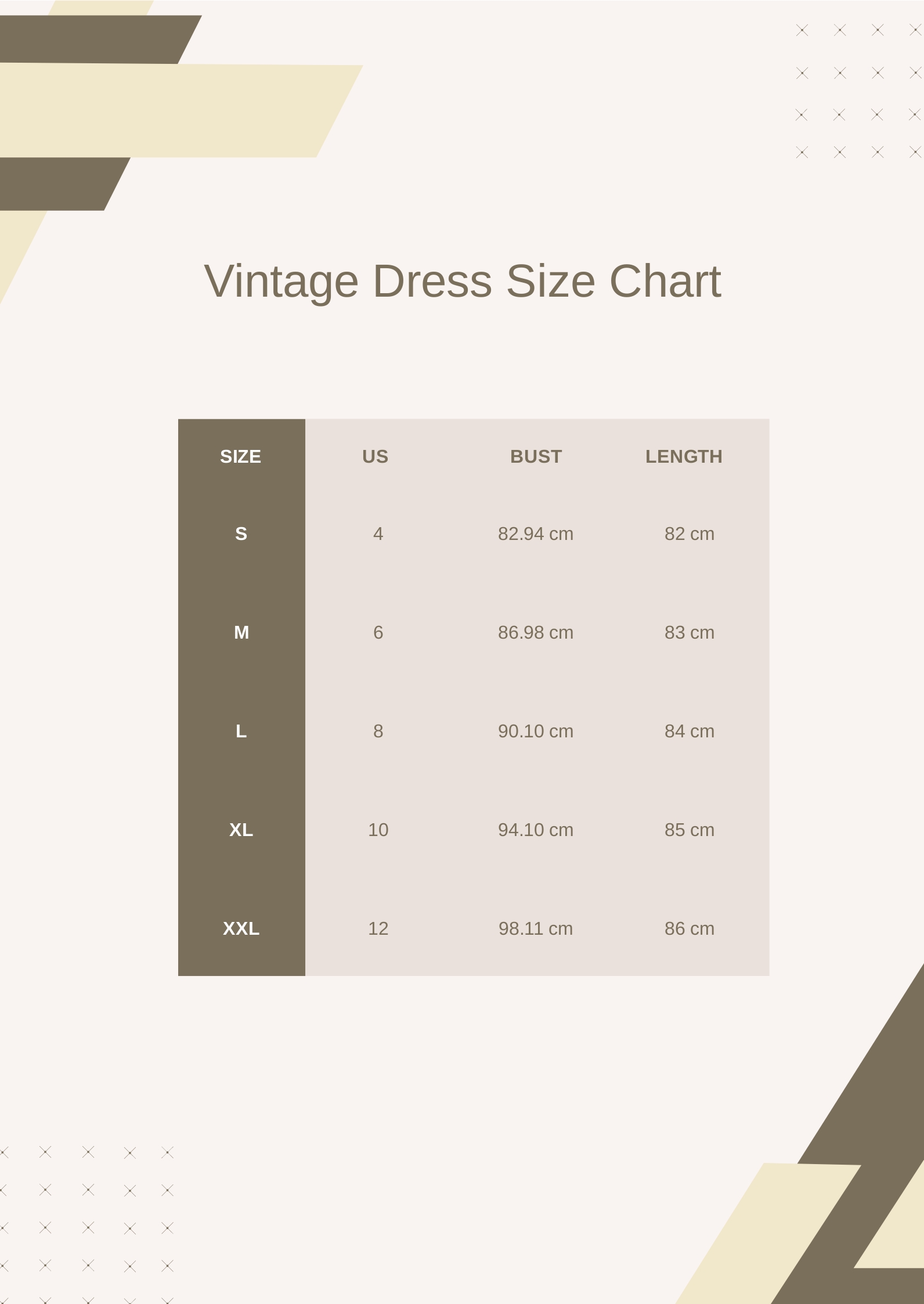 Vintage Dress Size Chart in PDF