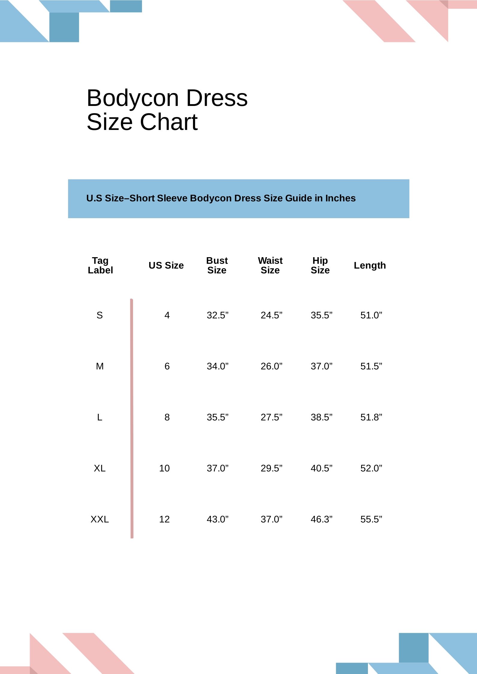Bodycon Dress Size Chart in PDF