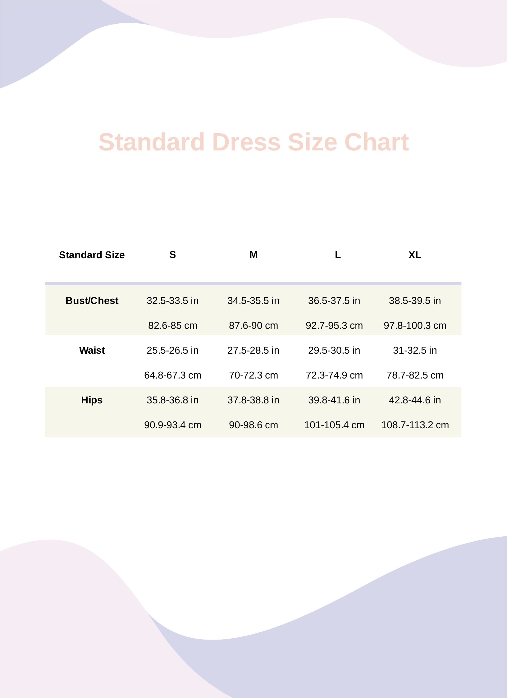 Free Standard Dress Size Chart