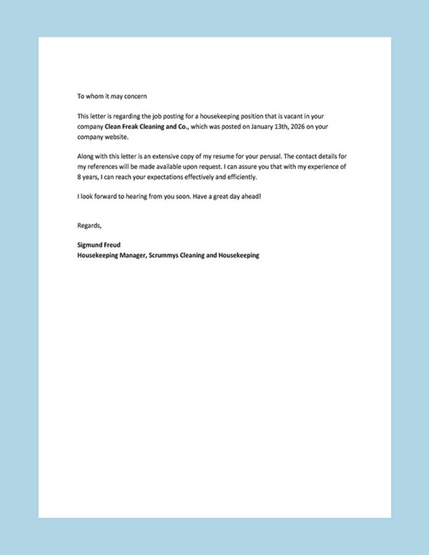 Housekeeping Resume Cover Letter Template