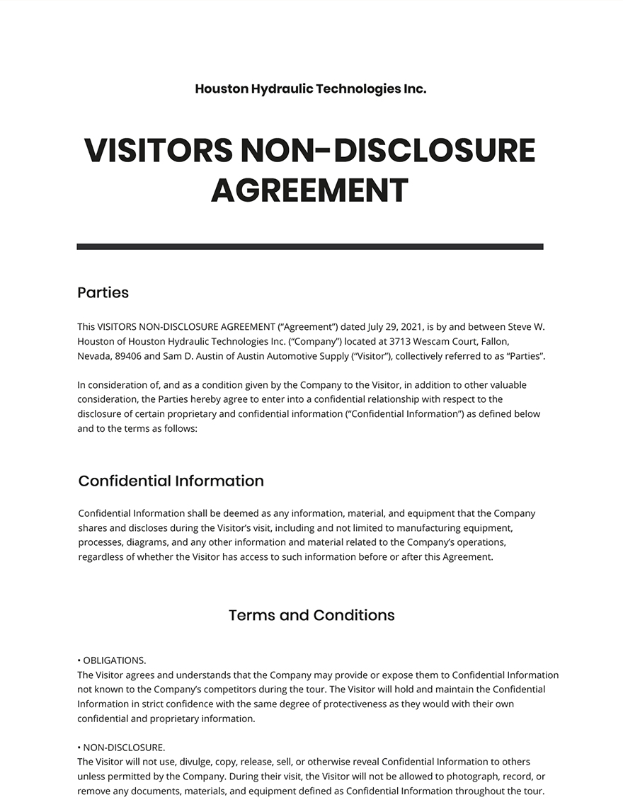 Visitors Non-Disclosure Agreement Template
