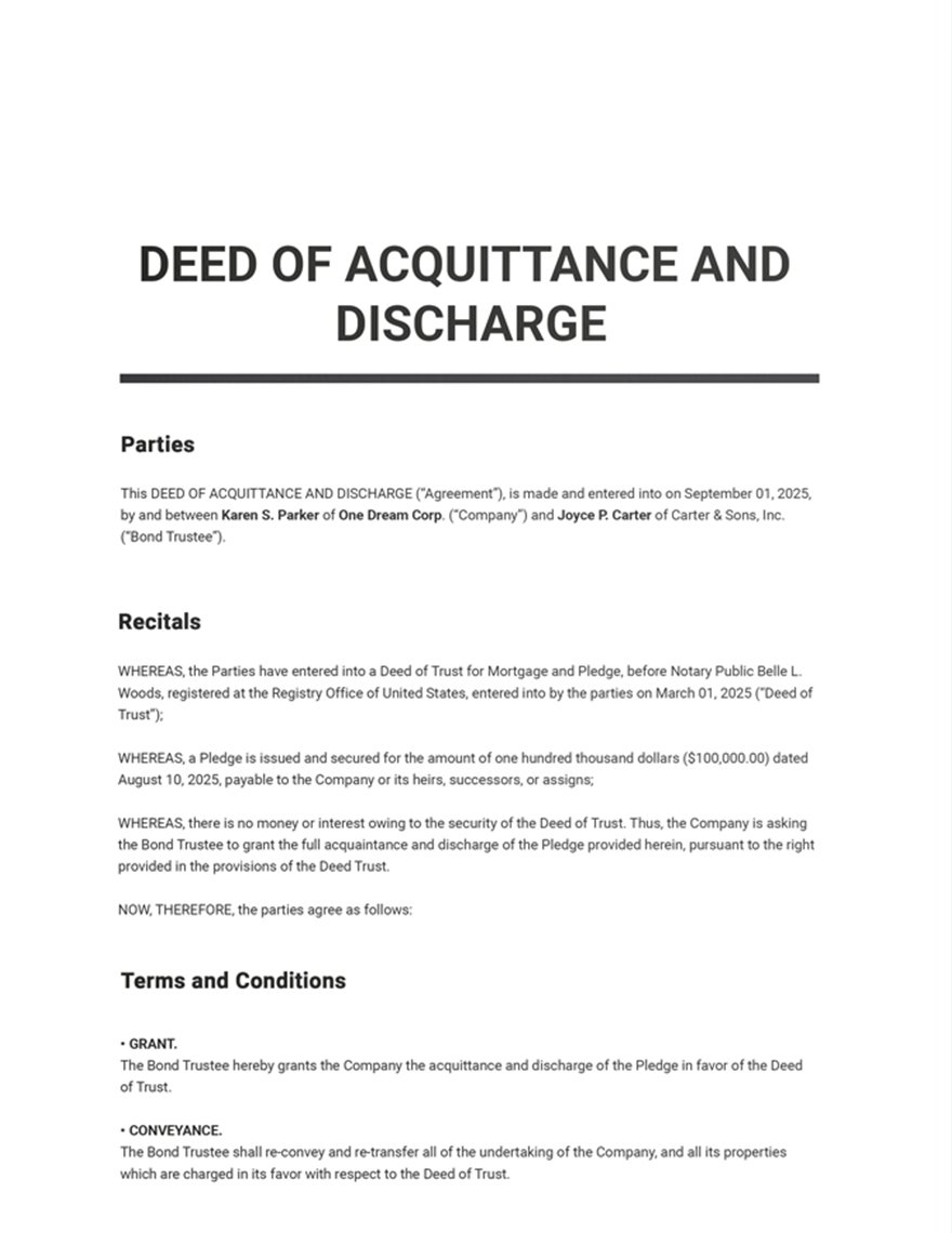 Free Deed of Acquittance and Discharge Template