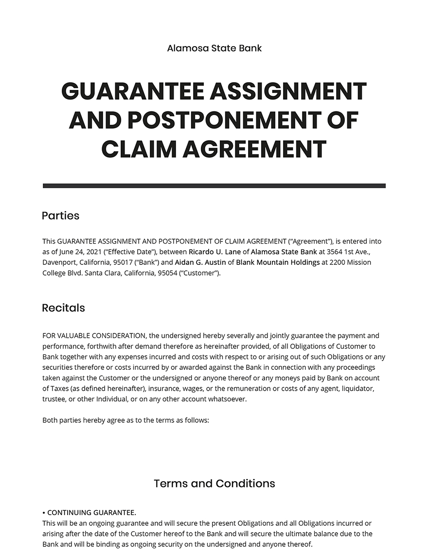 Guarantee Assignment and Postponement of Claim Template