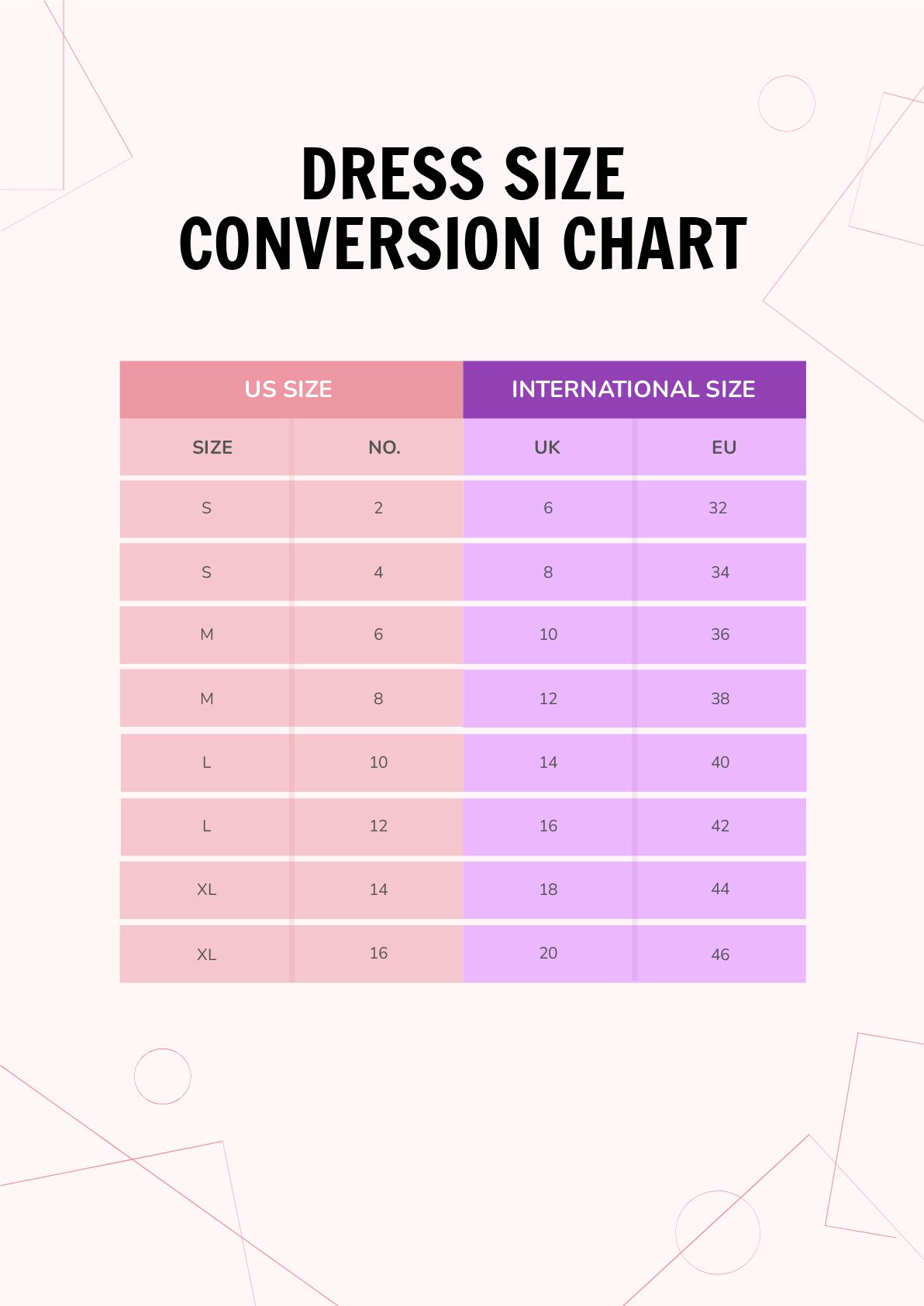 Dress Size Conversion Chart