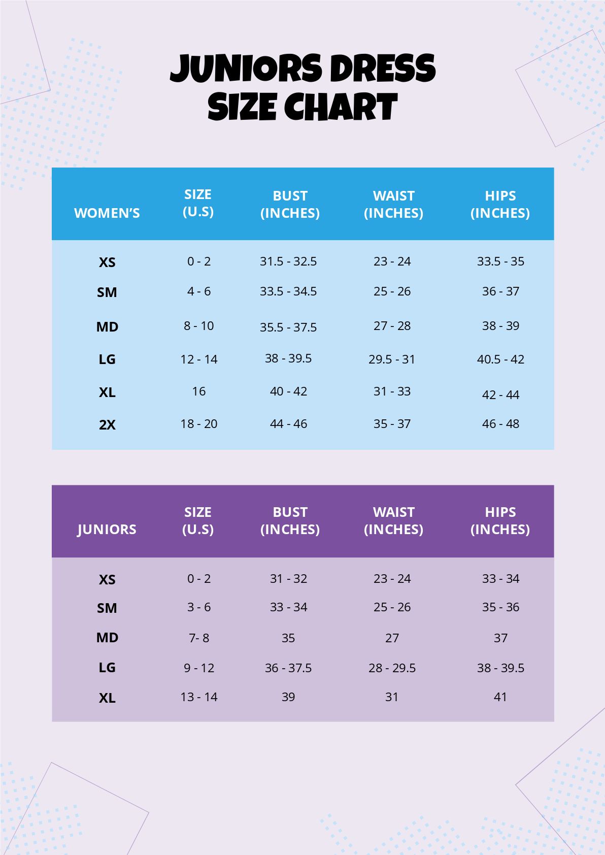 Electronic Clothes Size chart Template