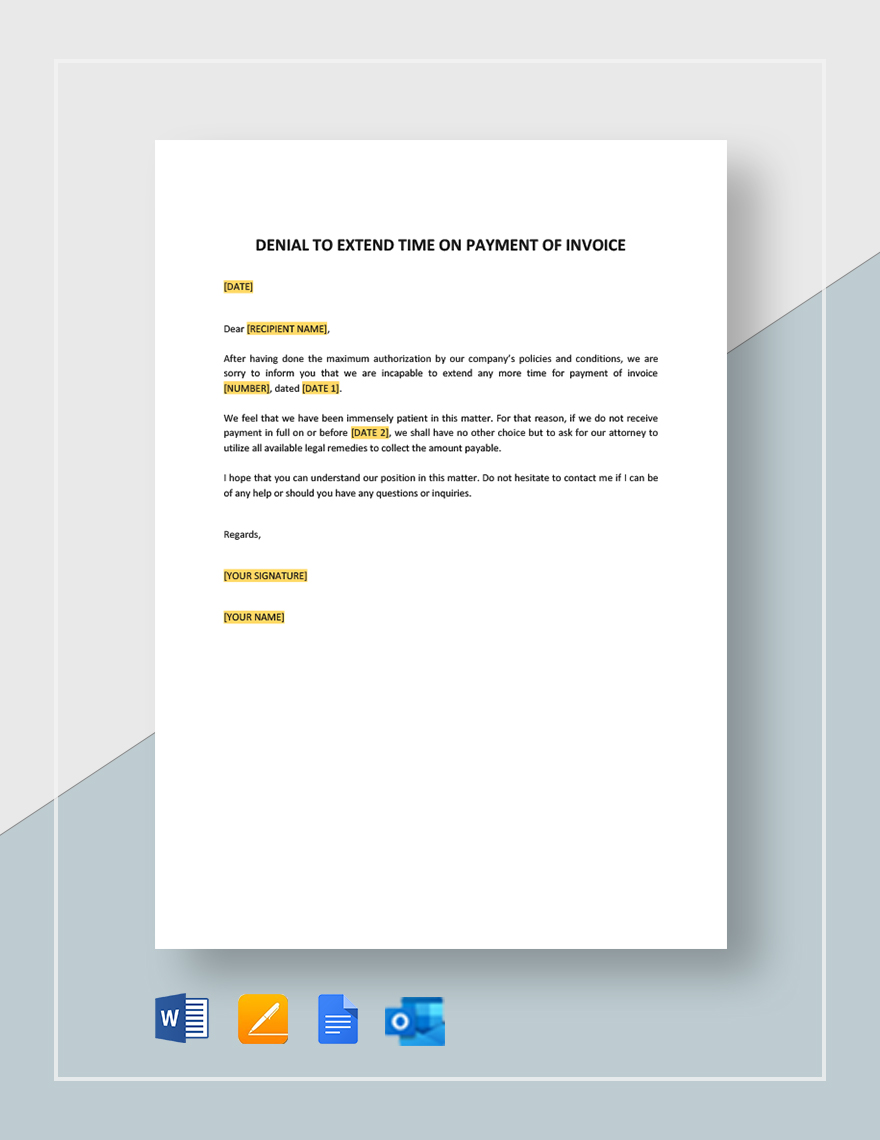 Denial to Extend Time on Payment of Invoice Template in Word, Google Docs, PDF, Apple Pages, Outlook