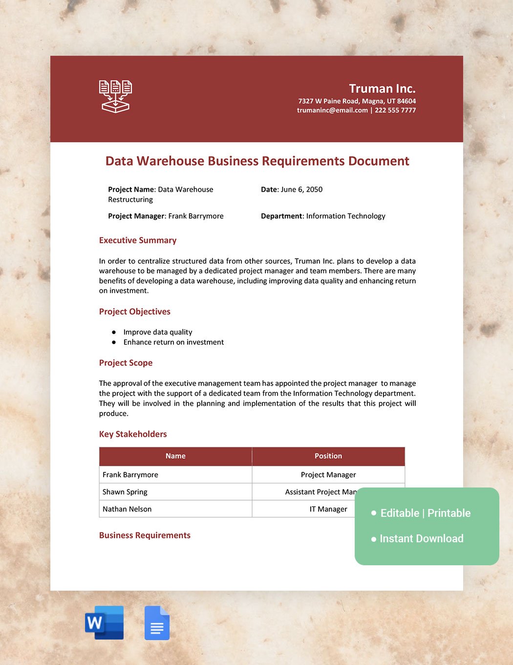 Data Warehouse Business Requirements Document Template