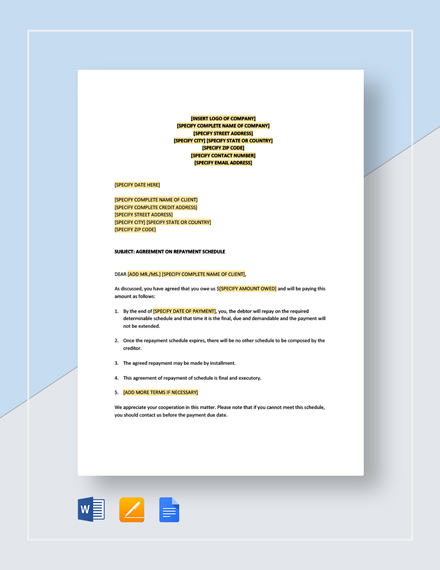 Letter Agreement on Repayment Schedule Template - Google Docs, Word, Apple Pages