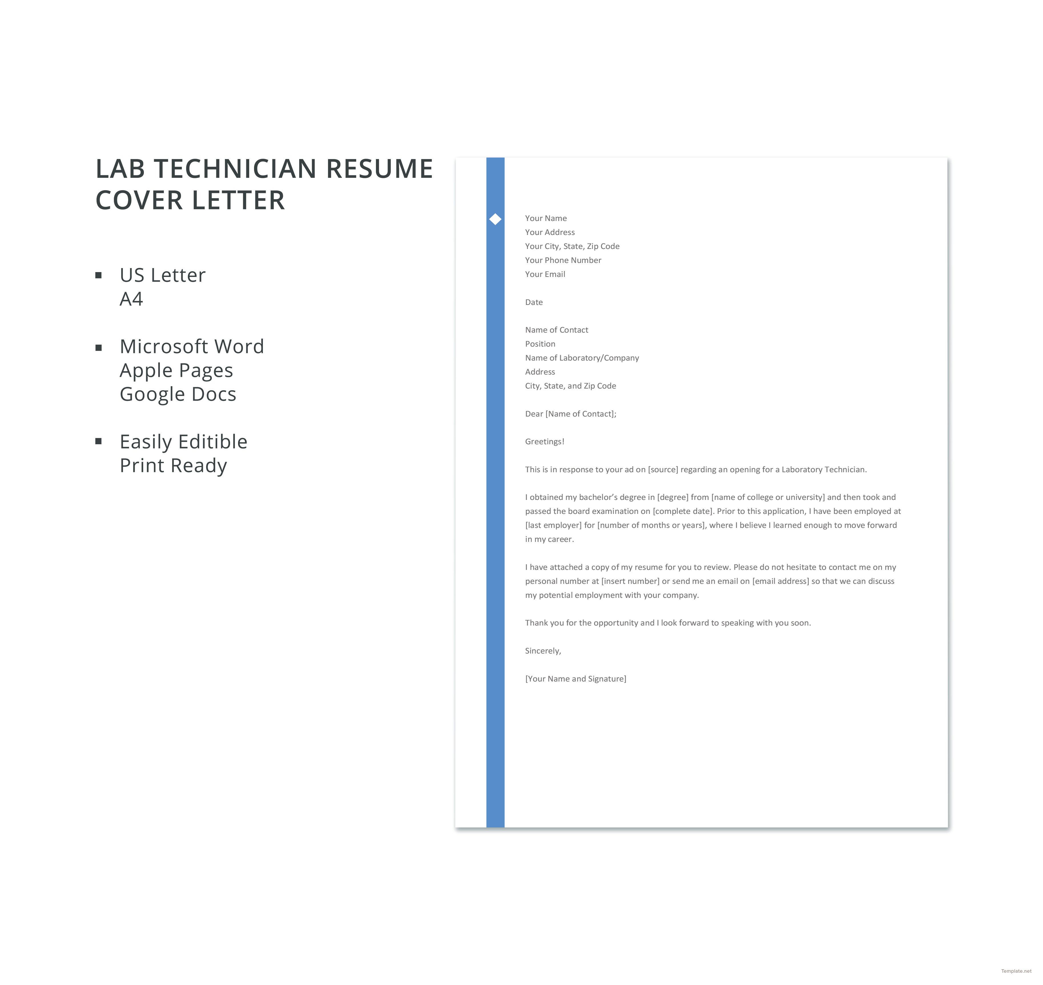 Free Lab Technician Resume Cover Letter Template in ...