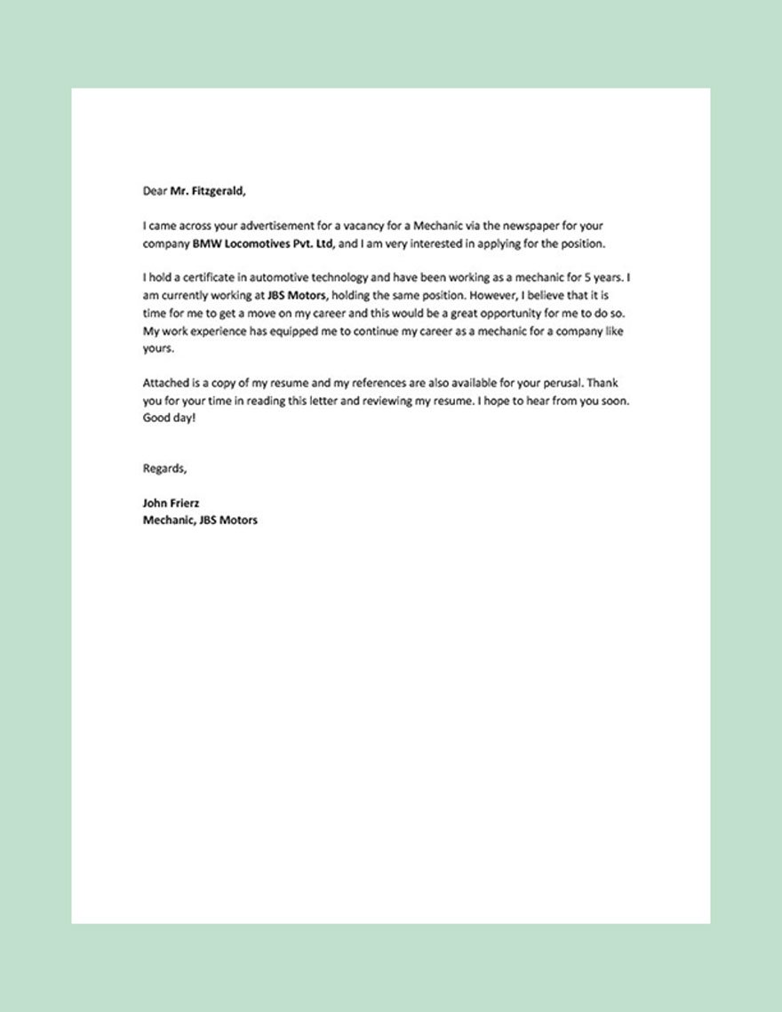 cover letter template download for word for diesal mechanic