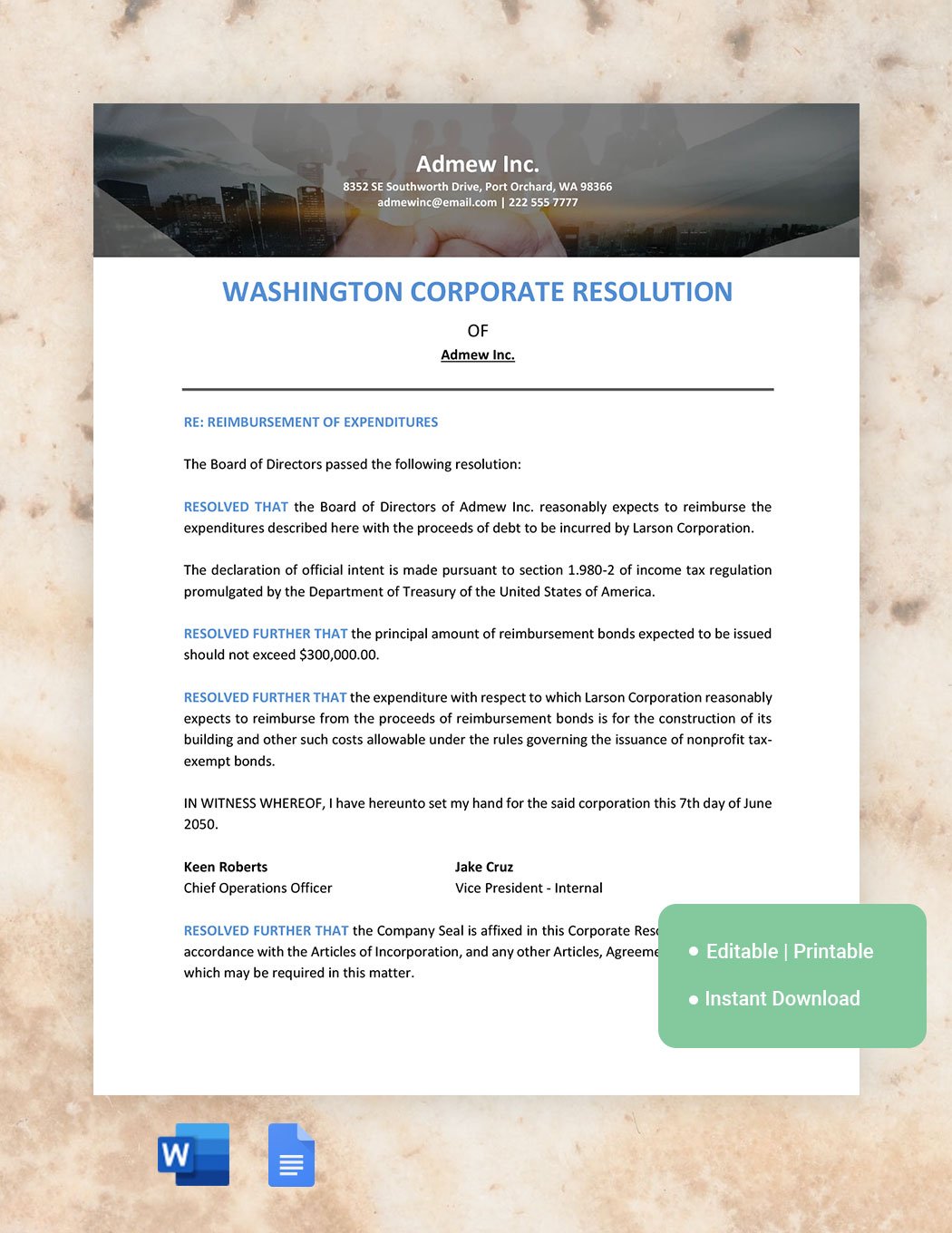 Washington Corporate Resolution Template