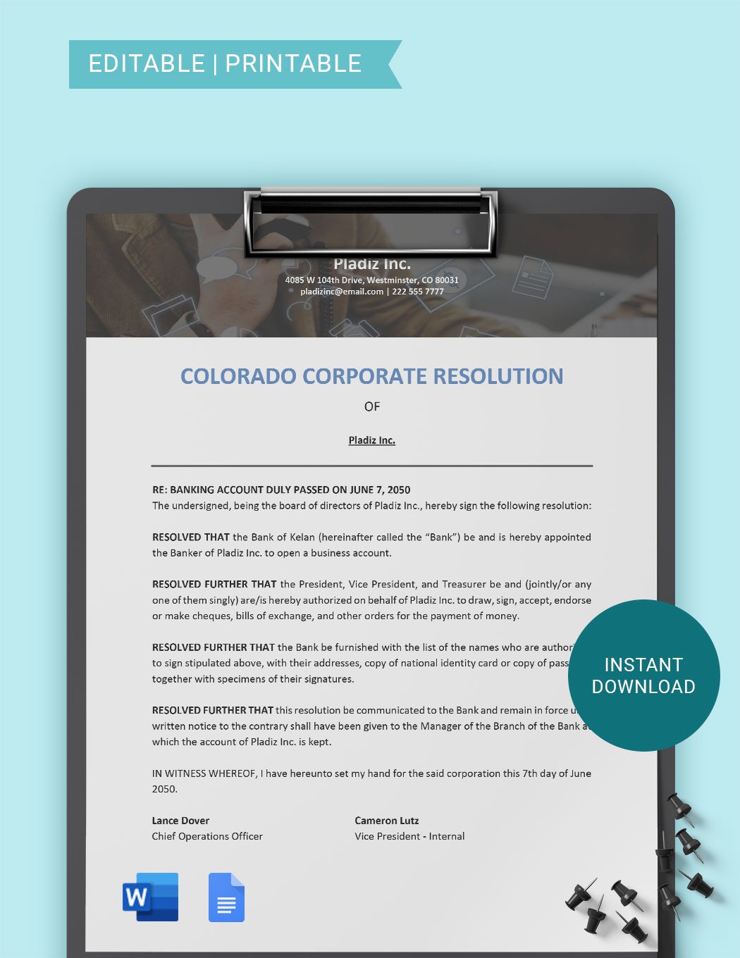 Colorado Corporate Resolution Template