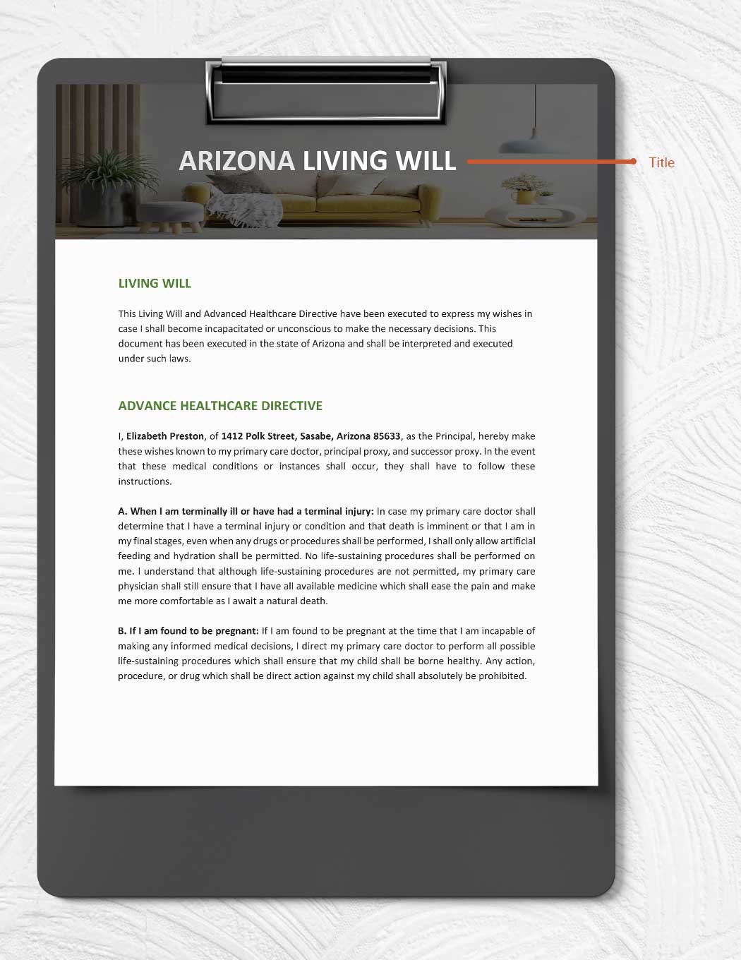 Arizona Living Will Template