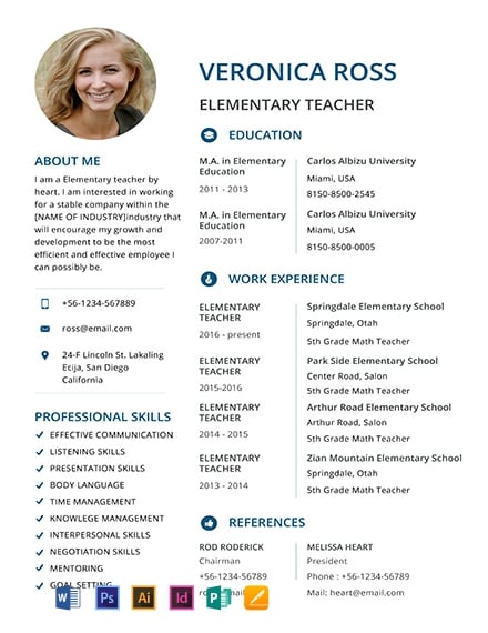 Elementary Teacher Resume Template - Illustrator, InDesign, Word, Apple Pages, PSD, Publisher
