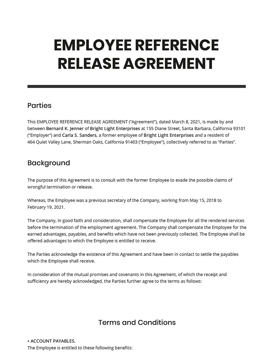 Employee Reference Release Agreement Template