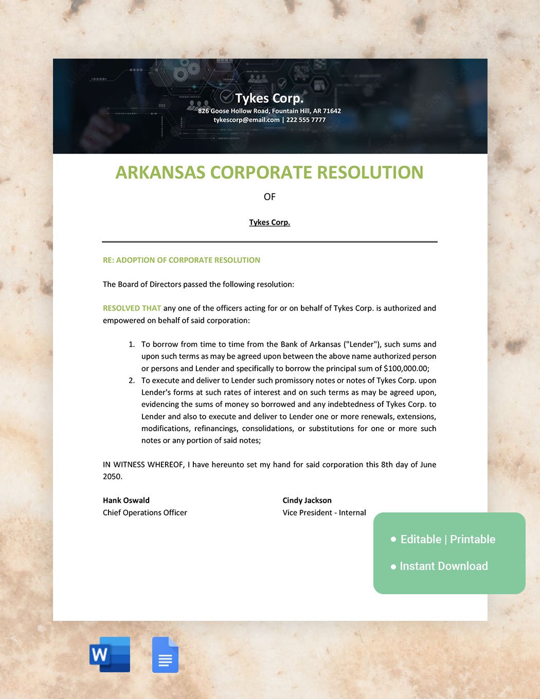 Arkansas Corporate Resolution Template