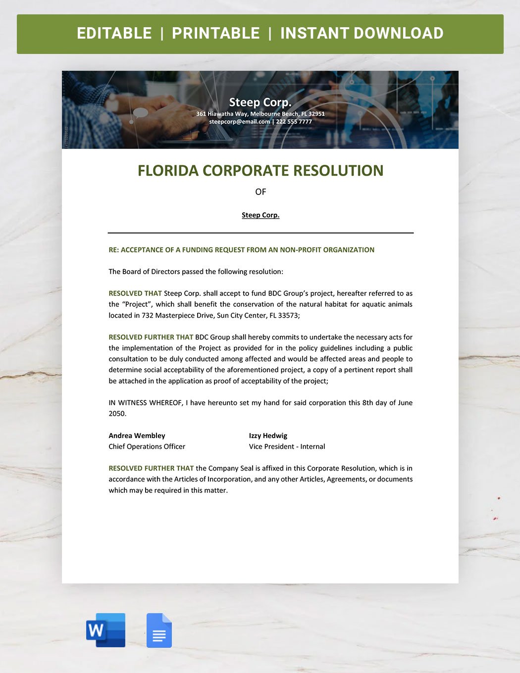 Florida Corporate Resolution Template in Word, Google Docs