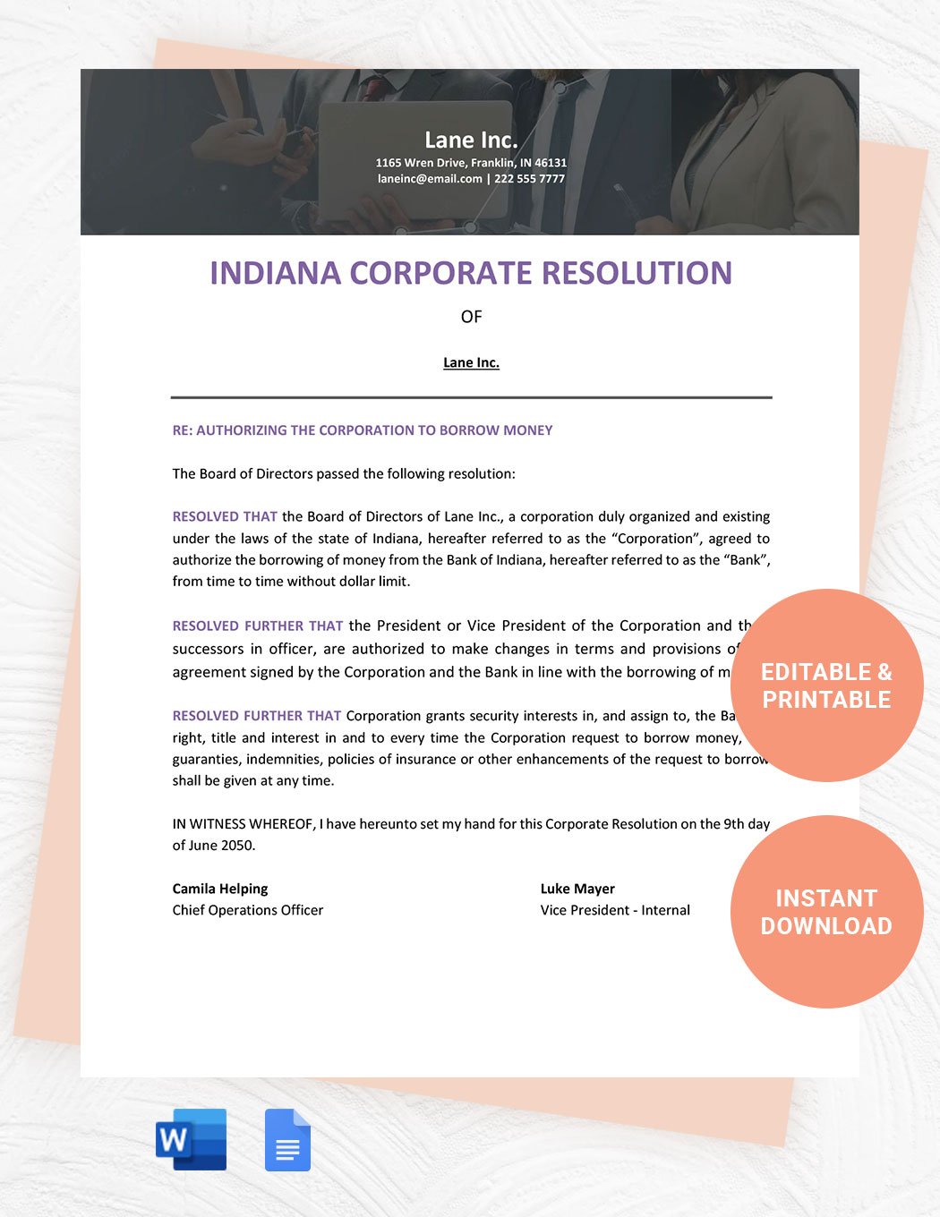 Indiana Corporate Resolution Template