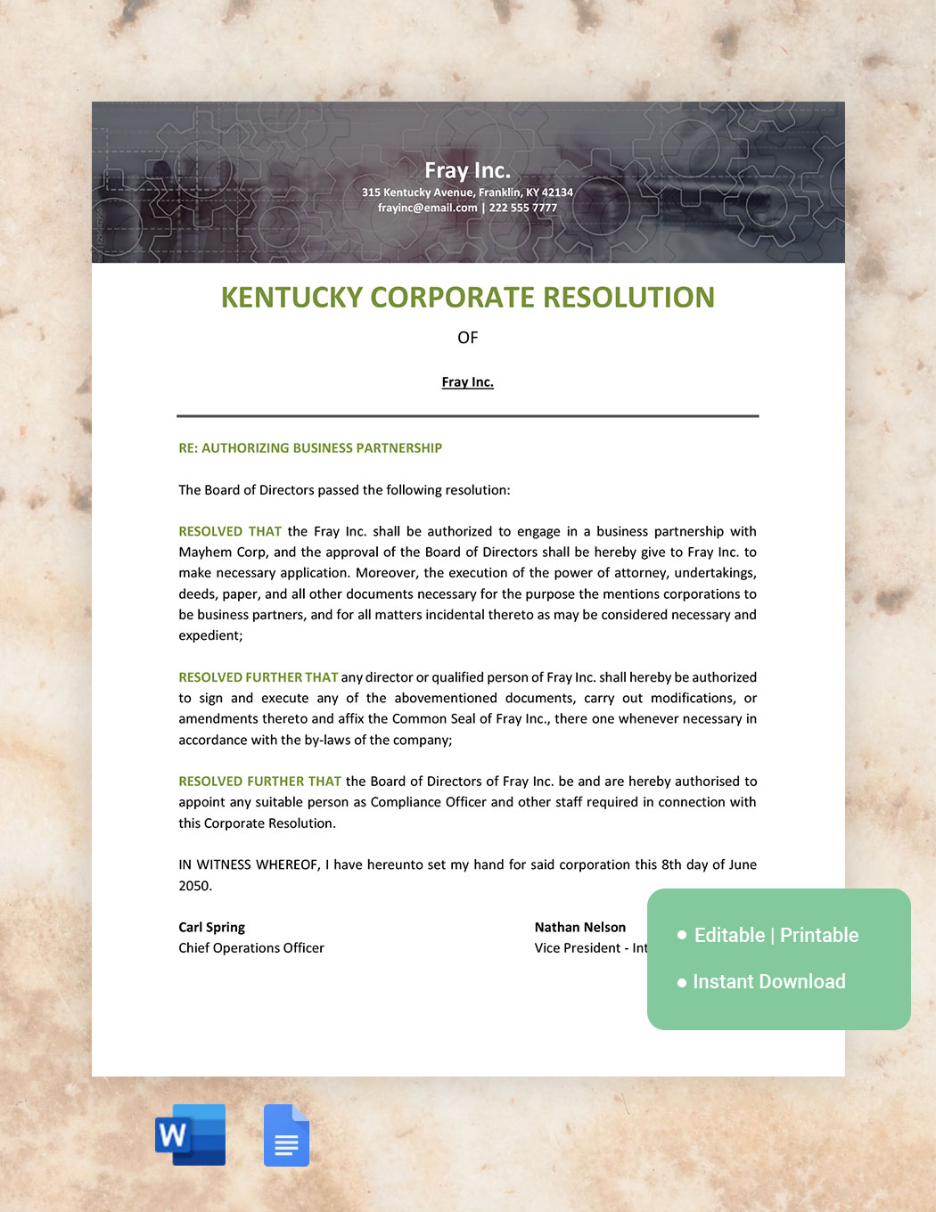 Kentucky Corporate Resolution Template