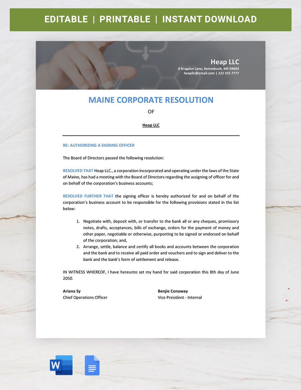 Maine Corporate Resolution Template