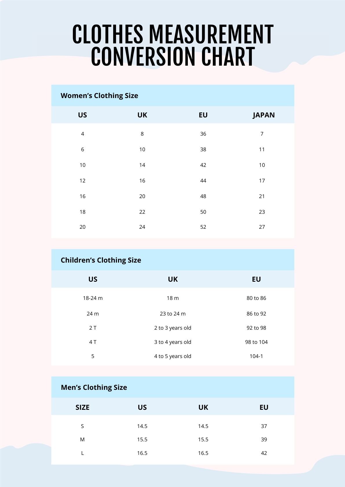 Clothes Measurement Conversion Chart in PDF