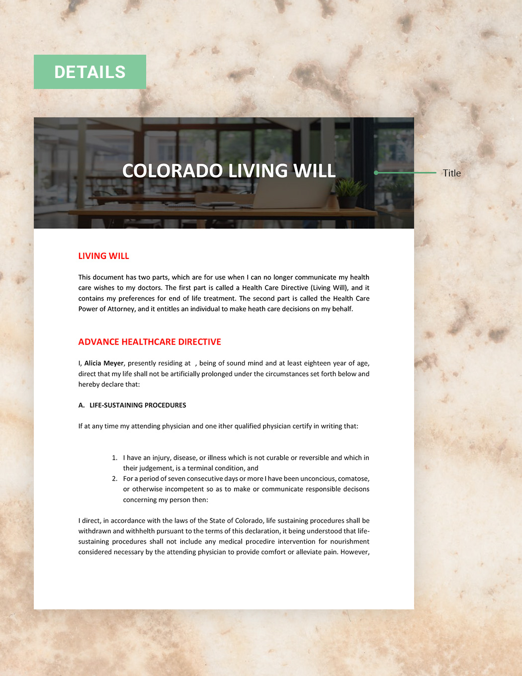 Colorado Living Will Template