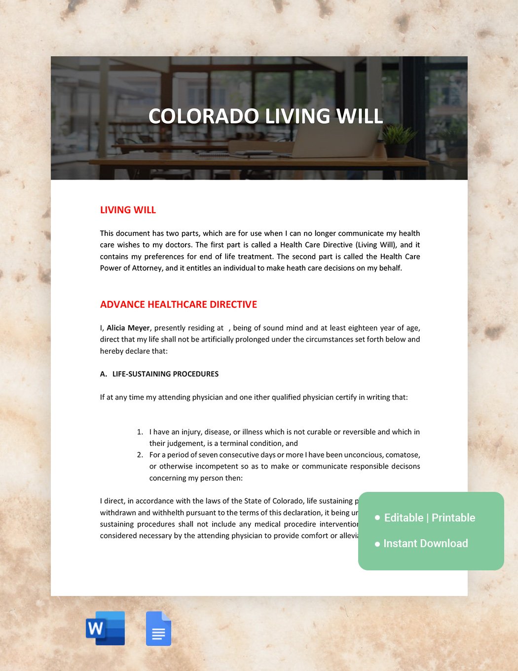 Colorado Living Will Template