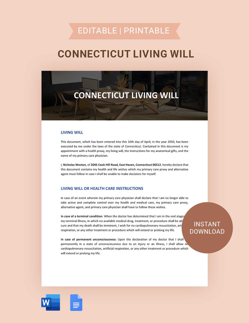 Connecticut Living Will Template