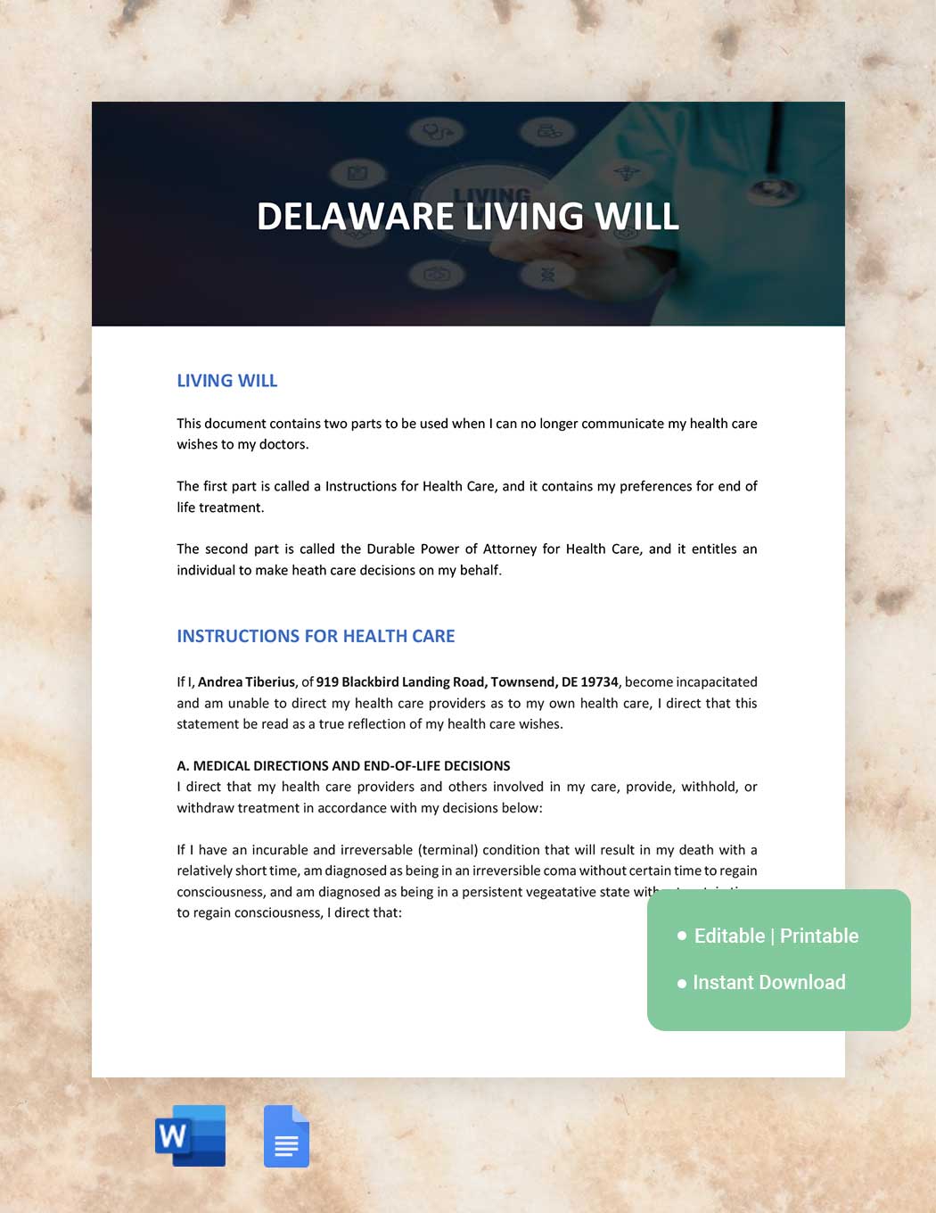 Delaware Living Will Template