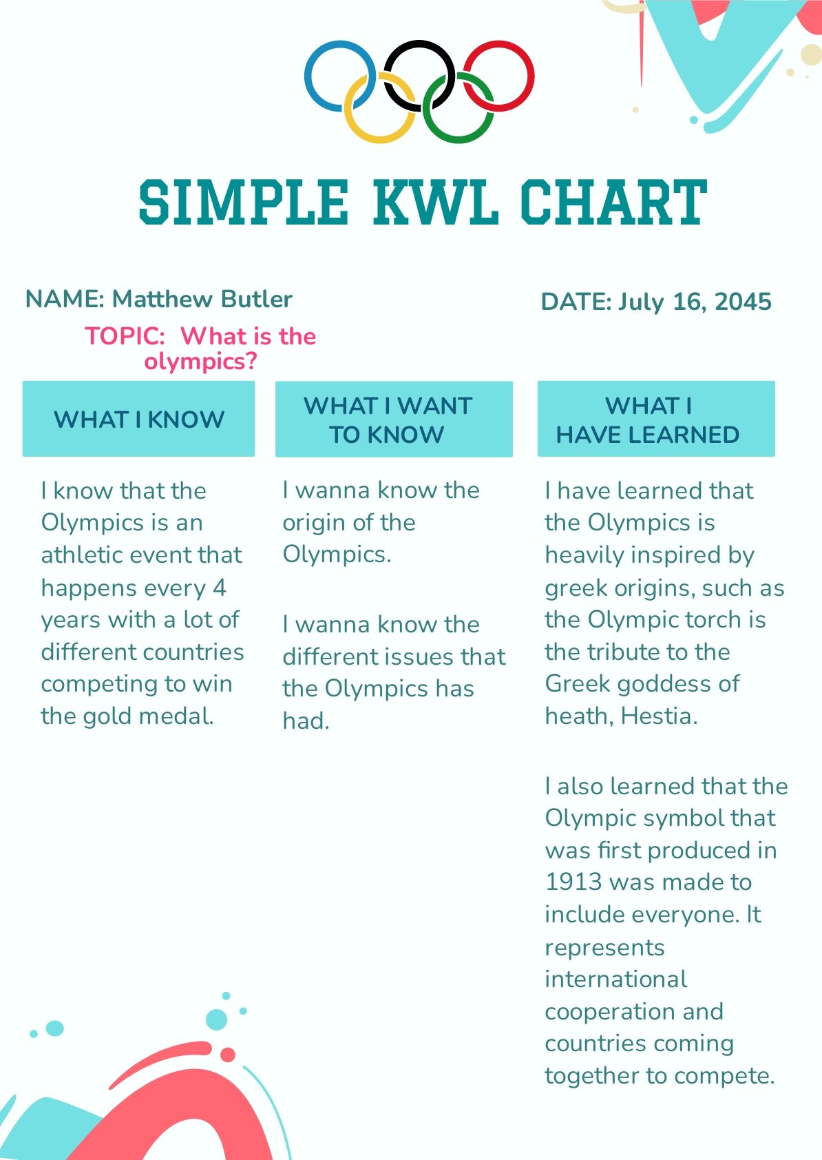 Olympic Theme KWL Chart Template