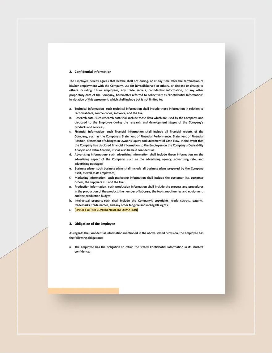 Non Disclosure Agreement for Employee Template