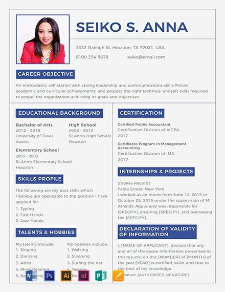 College Resume Template - Illustrator, InDesign, Word, Apple Pages, PSD, Publisher