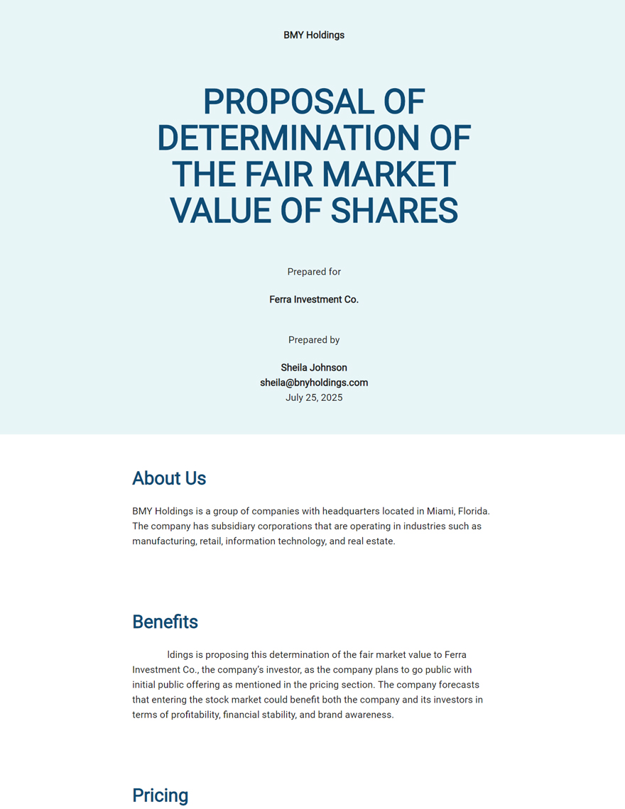 Proposal of Determination of the Fair Market Value of Share Template