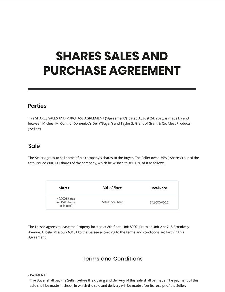 Purchase and Sale of Shares Agreement Template