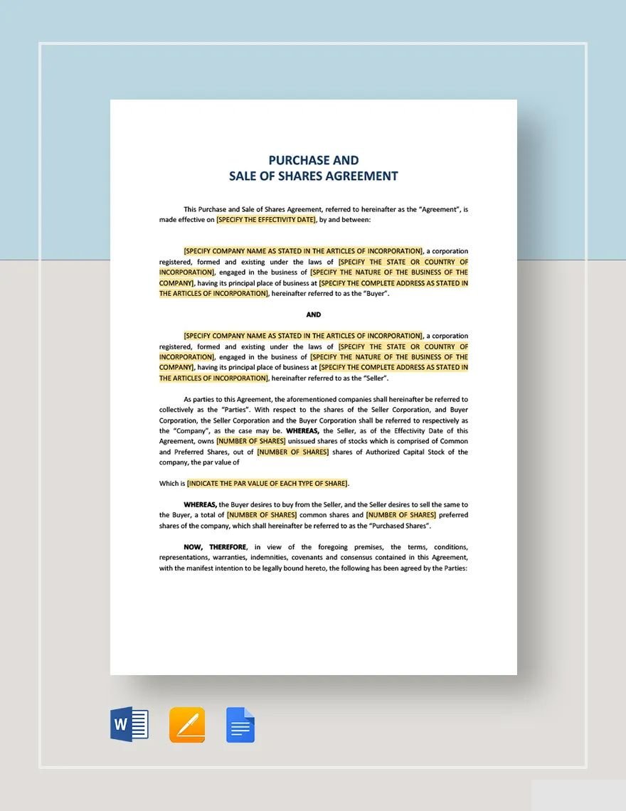 Purchase and Sale of Shares Agreement Template in Word, Google Docs, Apple Pages