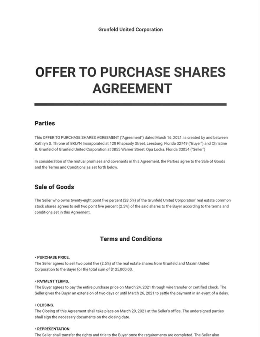 Offer to Purchase Shares Agreement Template