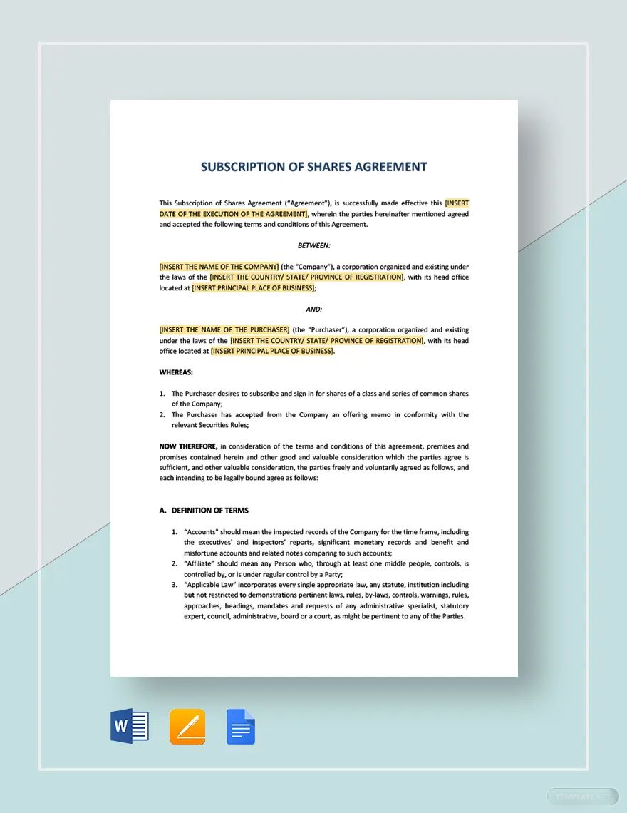 Subscription of Shares Agreement Template