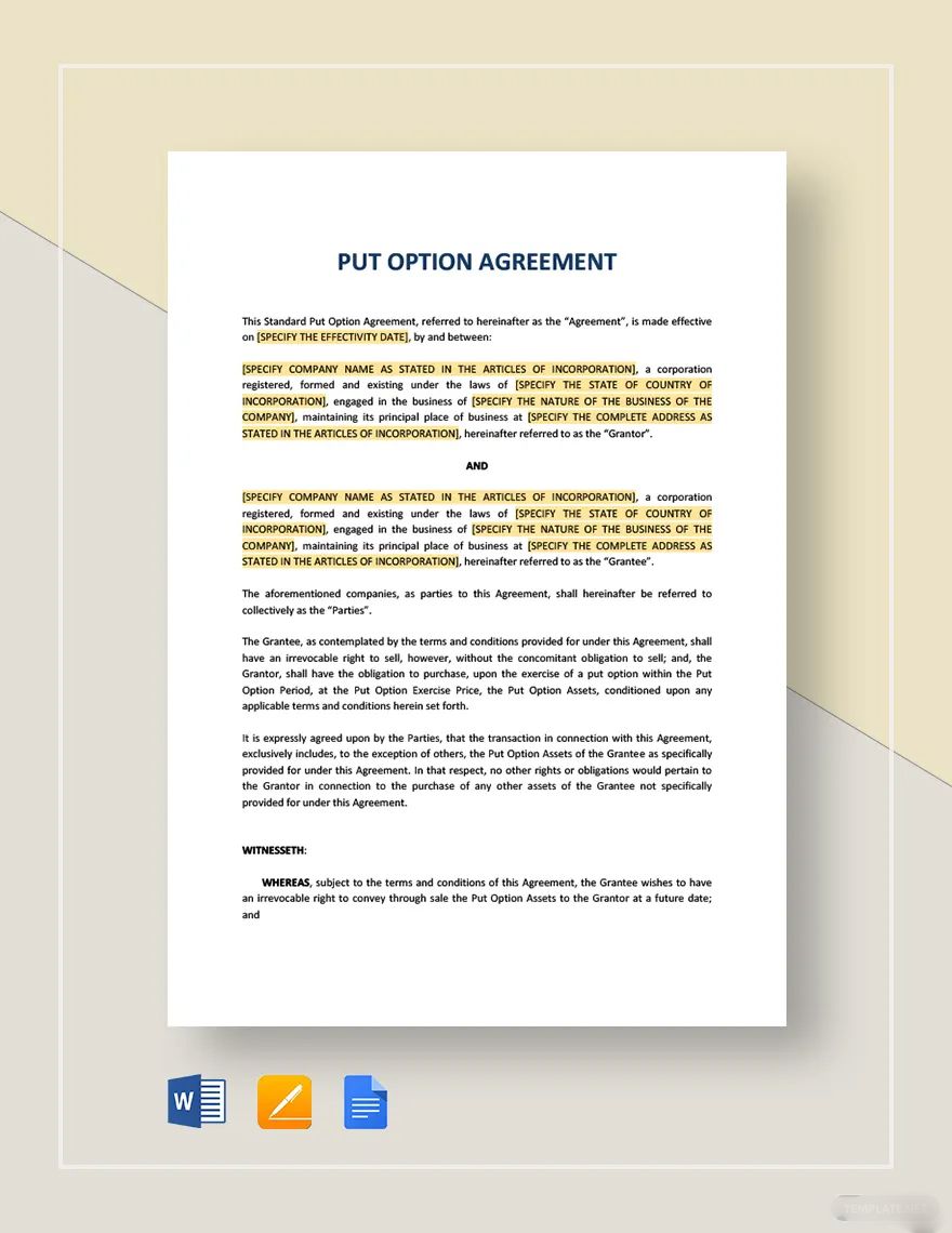 Put Option Agreement Template in Word, Google Docs, Apple Pages