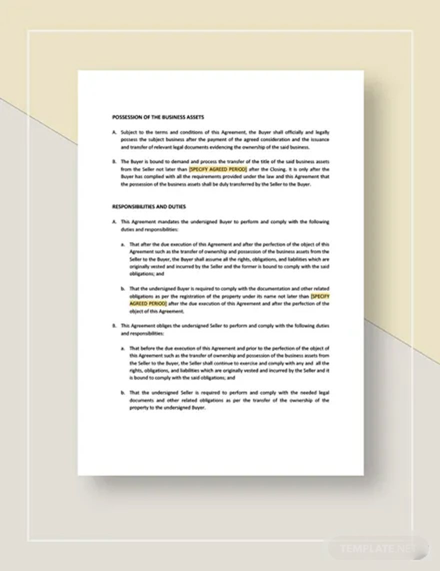 Agreement of Purchase and Sale of Business Assets Template