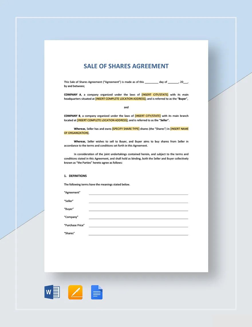 Sale of Shares Agreement Template in Word, Google Docs, Apple Pages
