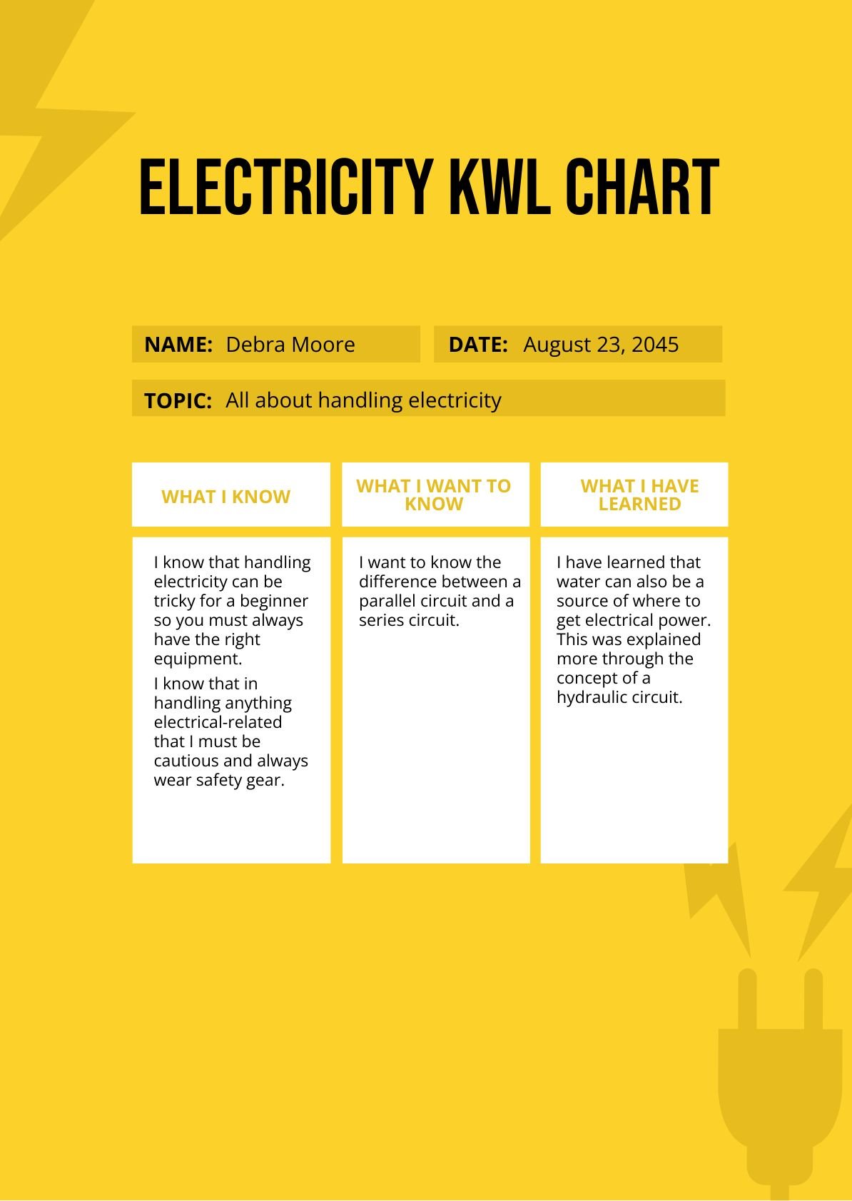 Electricity KWL Chart in PDF