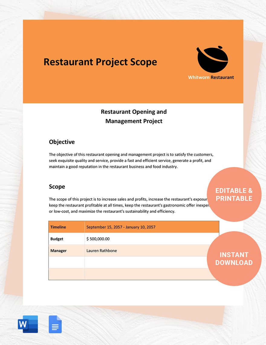 Restaurant Project Scope Template