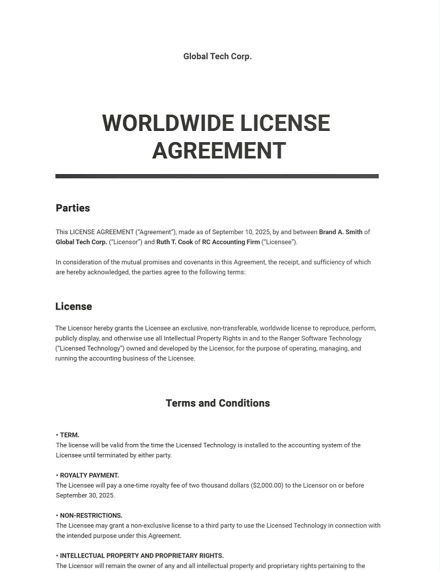 Worldwide License Agreement Template