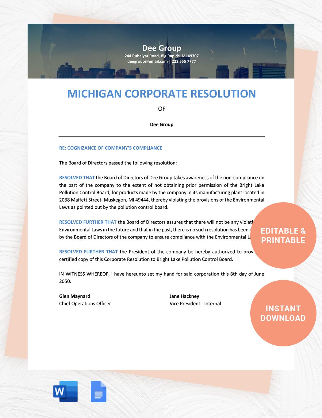 Michigan Corporate Resolution Template in Word, Google Docs