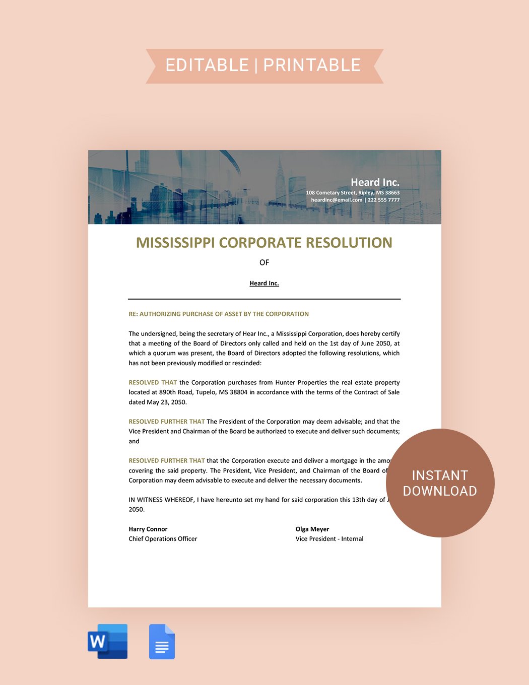 Mississippi Corporate Resolution Template in Word, Google Docs