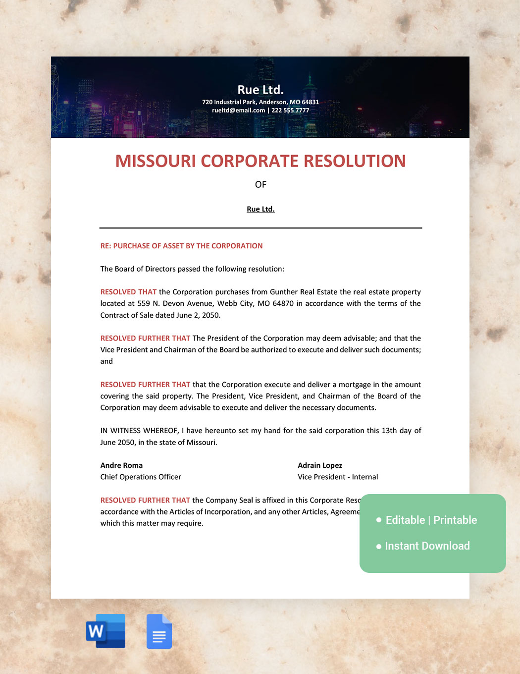 Missouri Corporate Resolution Template in Word, Google Docs