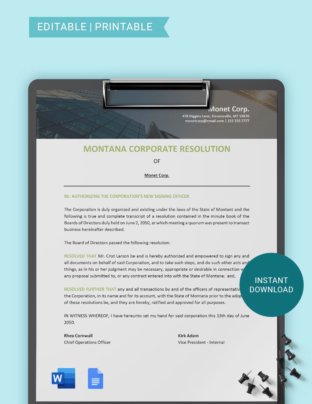 Montana Corporate Resolution Template in Word, Google Docs