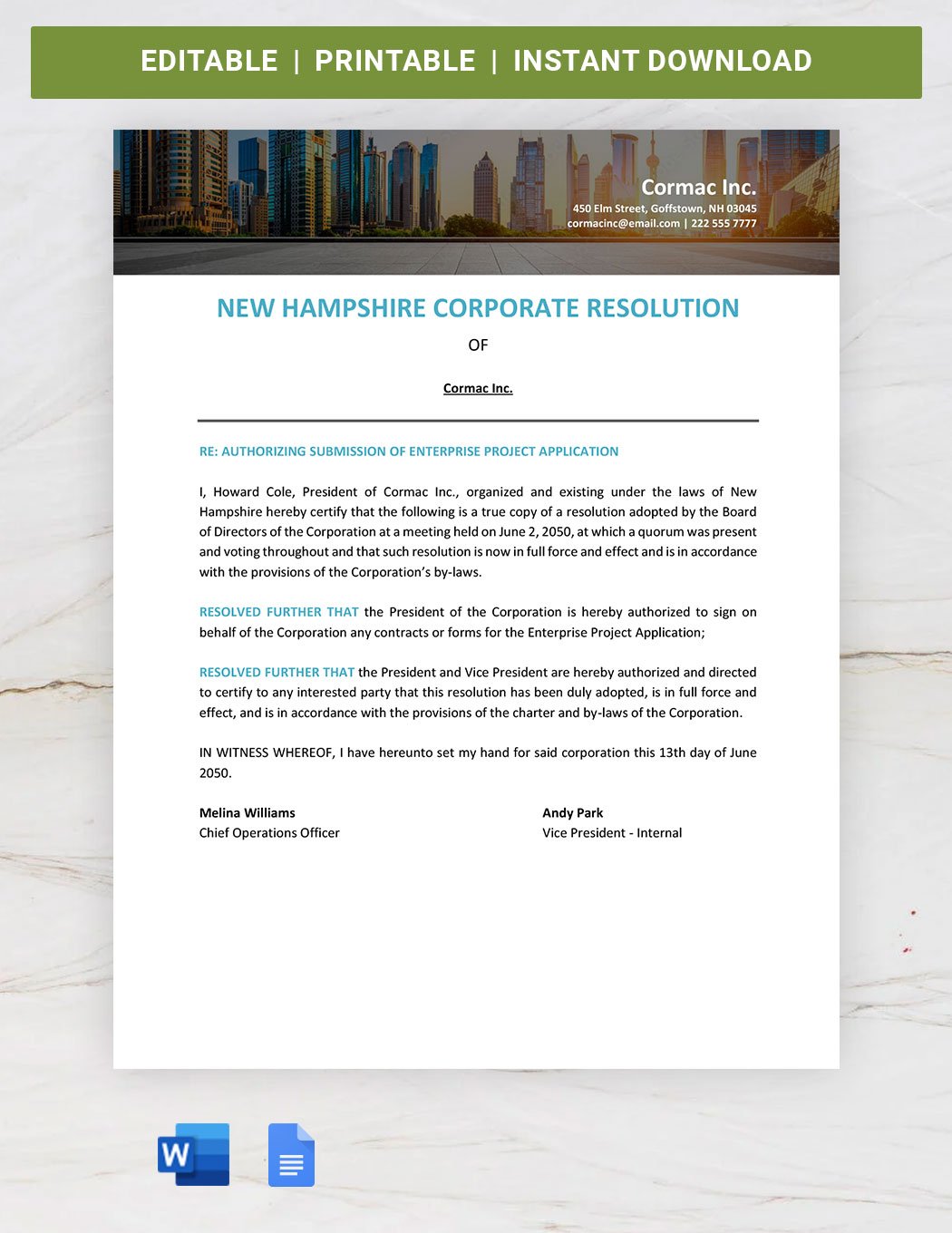 New Hampshire Corporate Resolution Template in Word, Google Docs